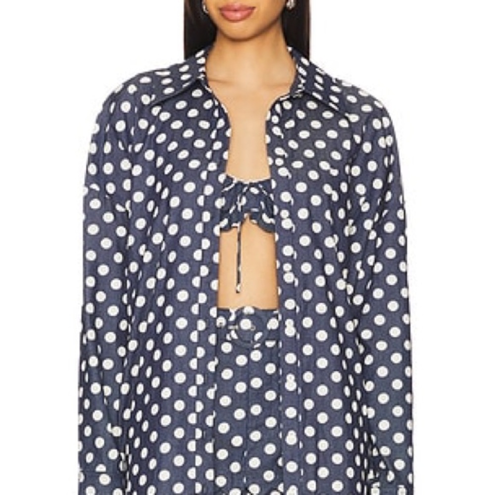 For Love & Lemons Navy and White Polka Dot Button-Down Shirt